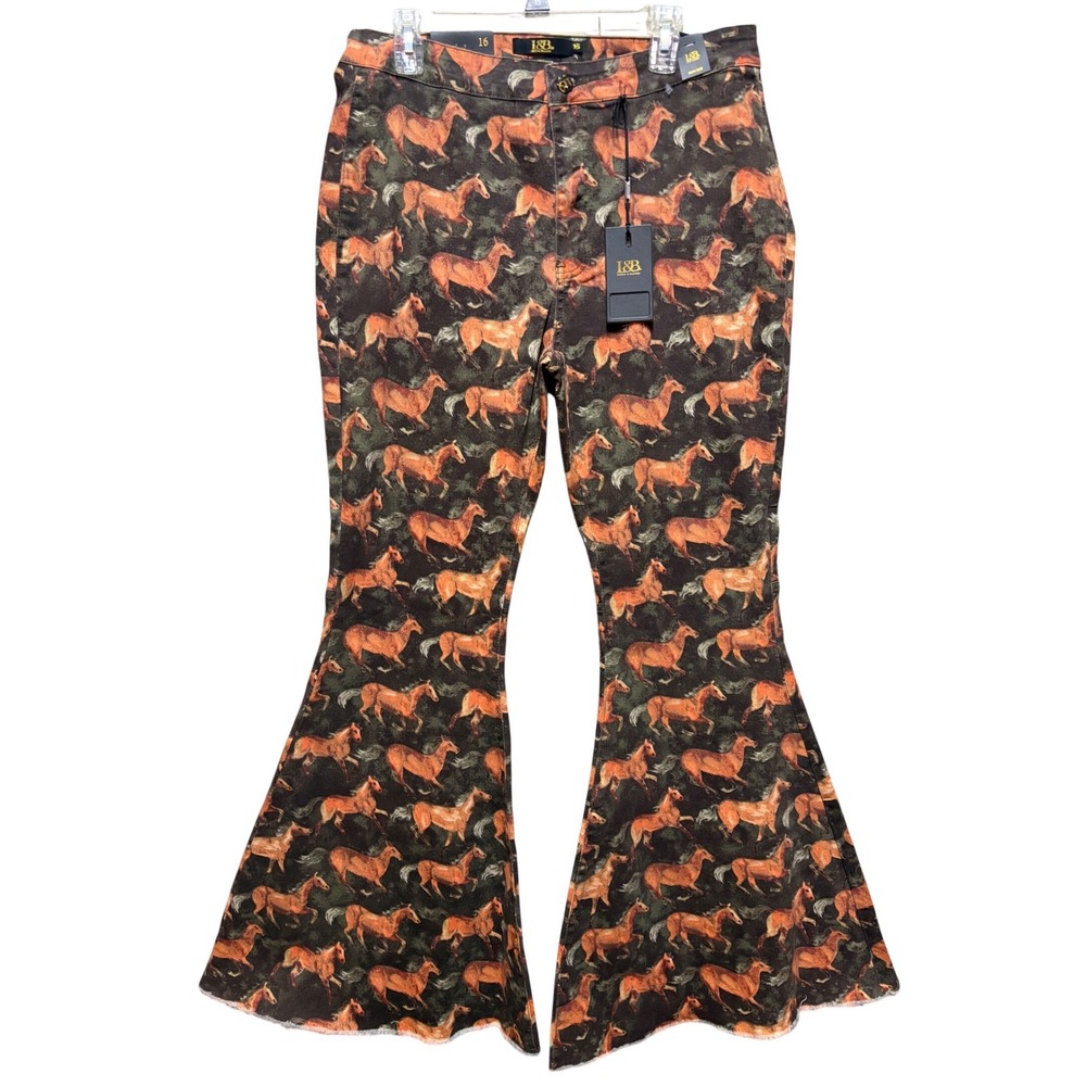 L&B Lucky & Blessed Horse Print High Rise Flare Jeans Brown Orange Size 16 NEW